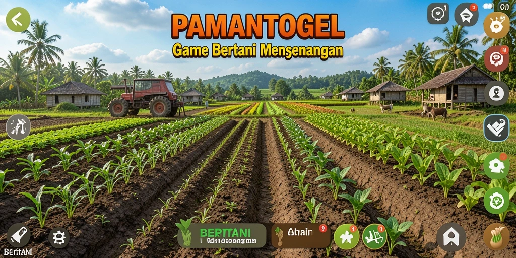 Antarmuka permainan PAMANTOGEL yang menarik dengan ladang hijau dan tanaman berwarna-warni.