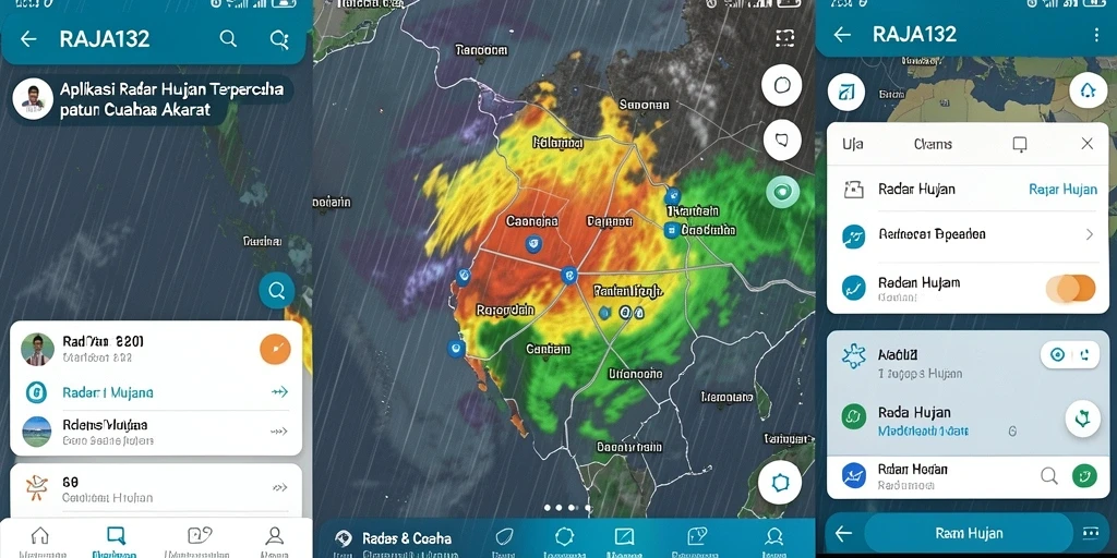 Antarmuka pengguna aplikasi RAJA132 menampilkan radar hujan dan informasi cuaca terkini.